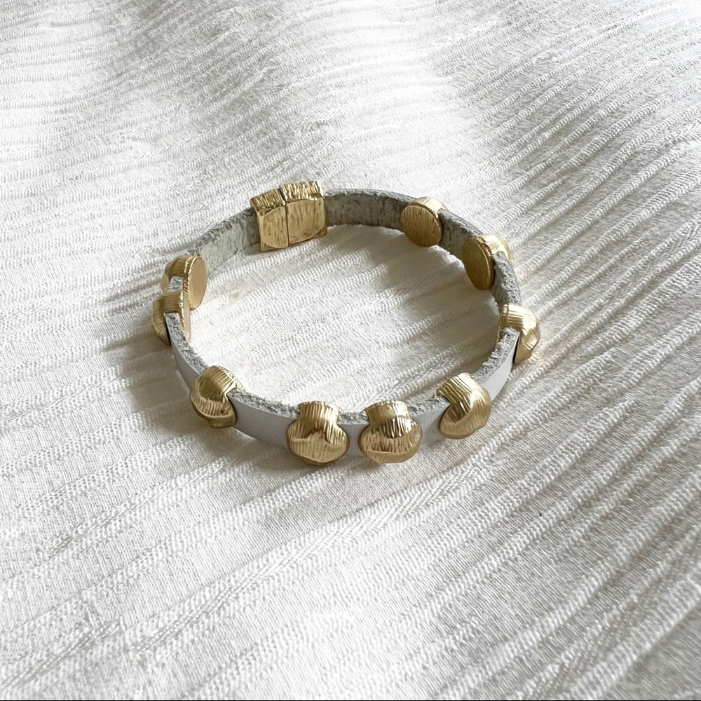 White Leather Bracelet with Moveable Gold Beads